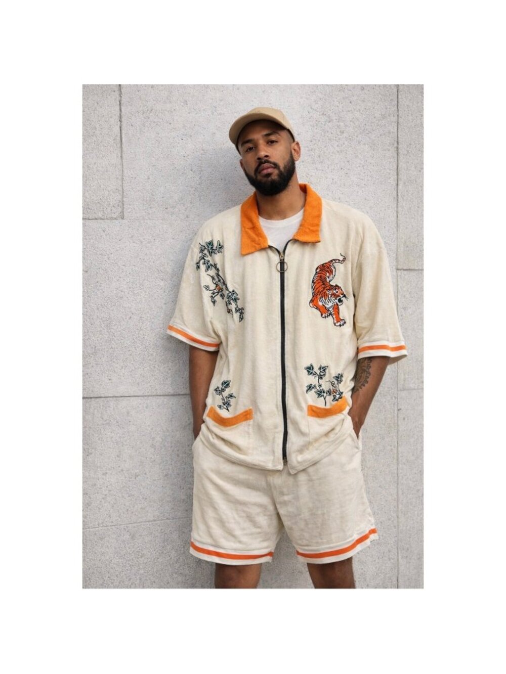 Tombolo The Tigers Ivy Terry Cloth Cabana Set Cream Orange Zip Shirt Shorts XXXL